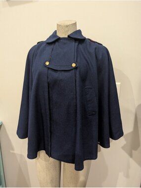 Mid Century Modern Wool Cape Navy Blue With Brass Hardware, One Size Fits S-L